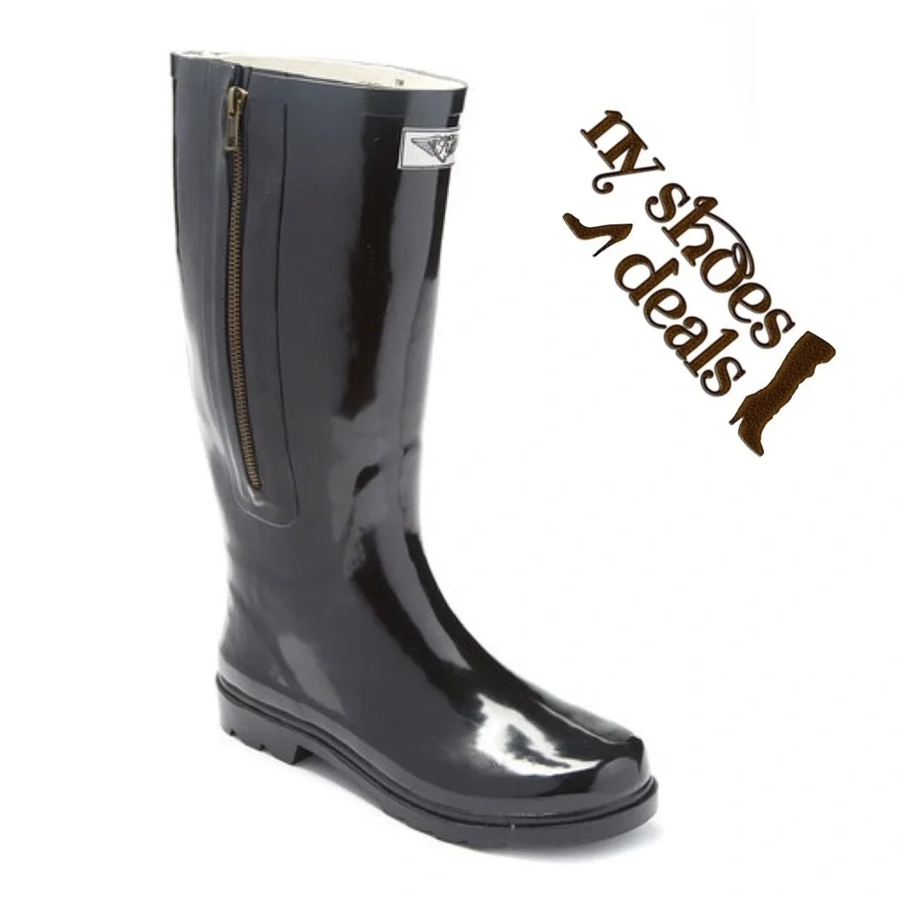 Women Rubber Rainboots w/ Side-Zipper Decor, Black Garden Rain Boots, NEW